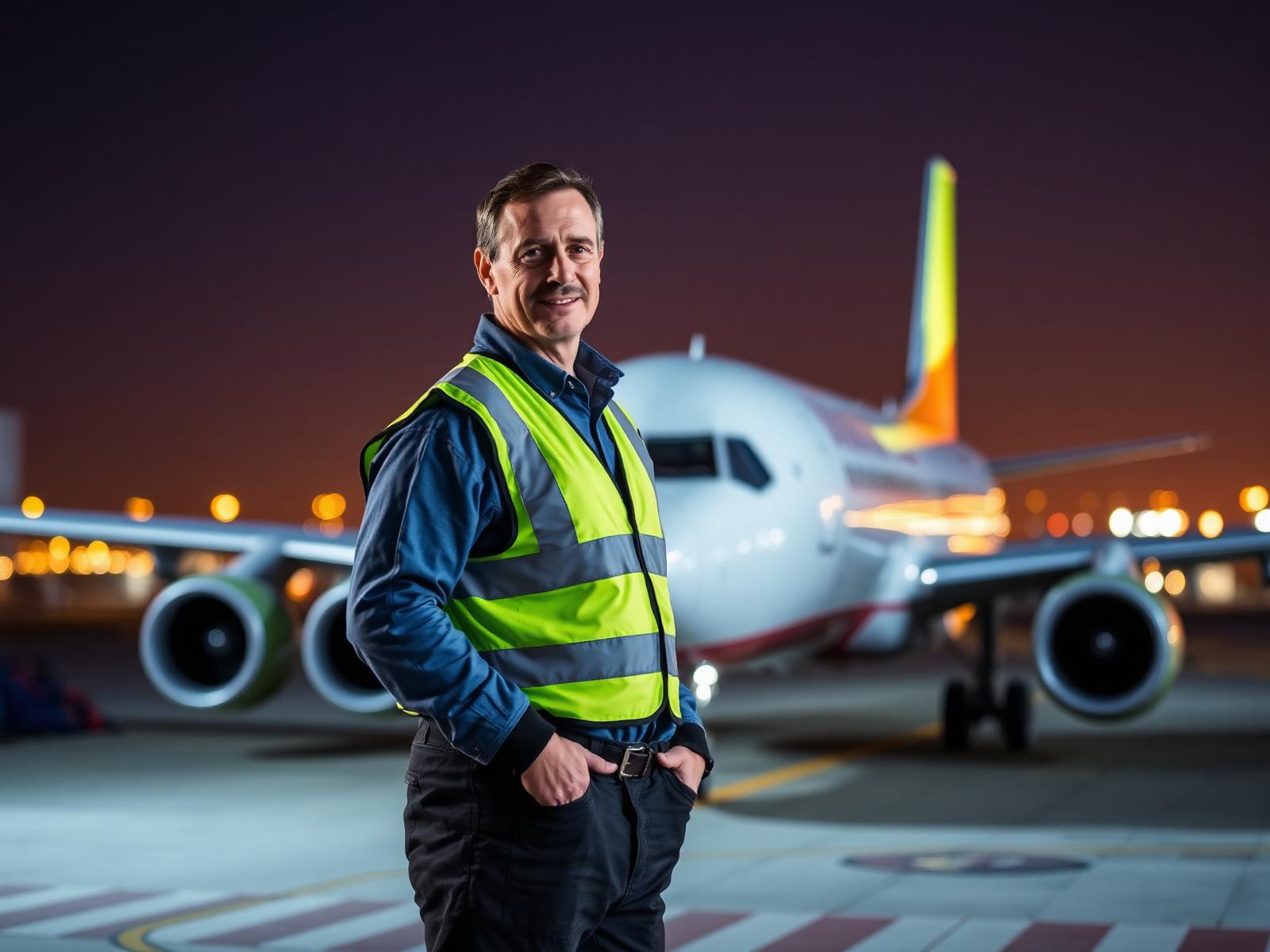 Agent aéroportuaire certifié devant un avion
